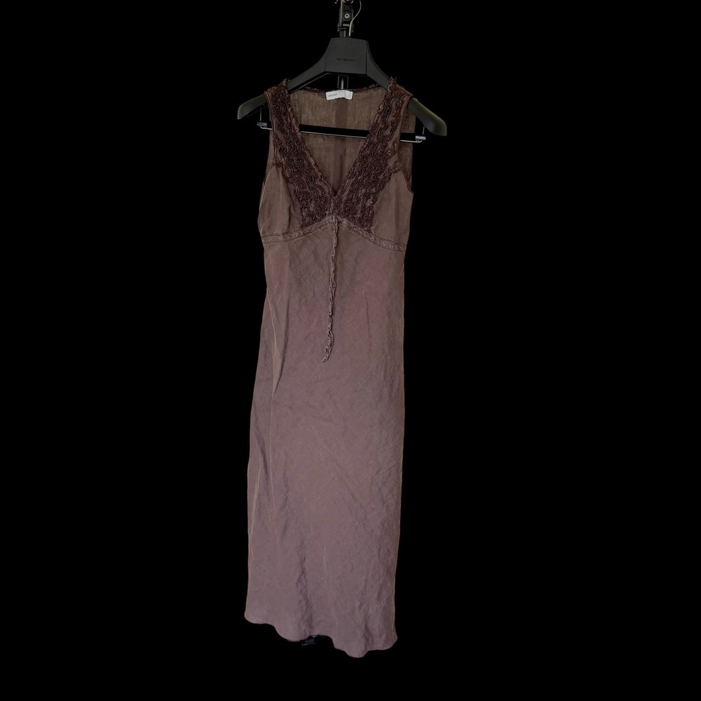 Joue Joue Boho 100% Flax Linen Ruffle V-Neck Midi Dress Made in Italy Sz 44
